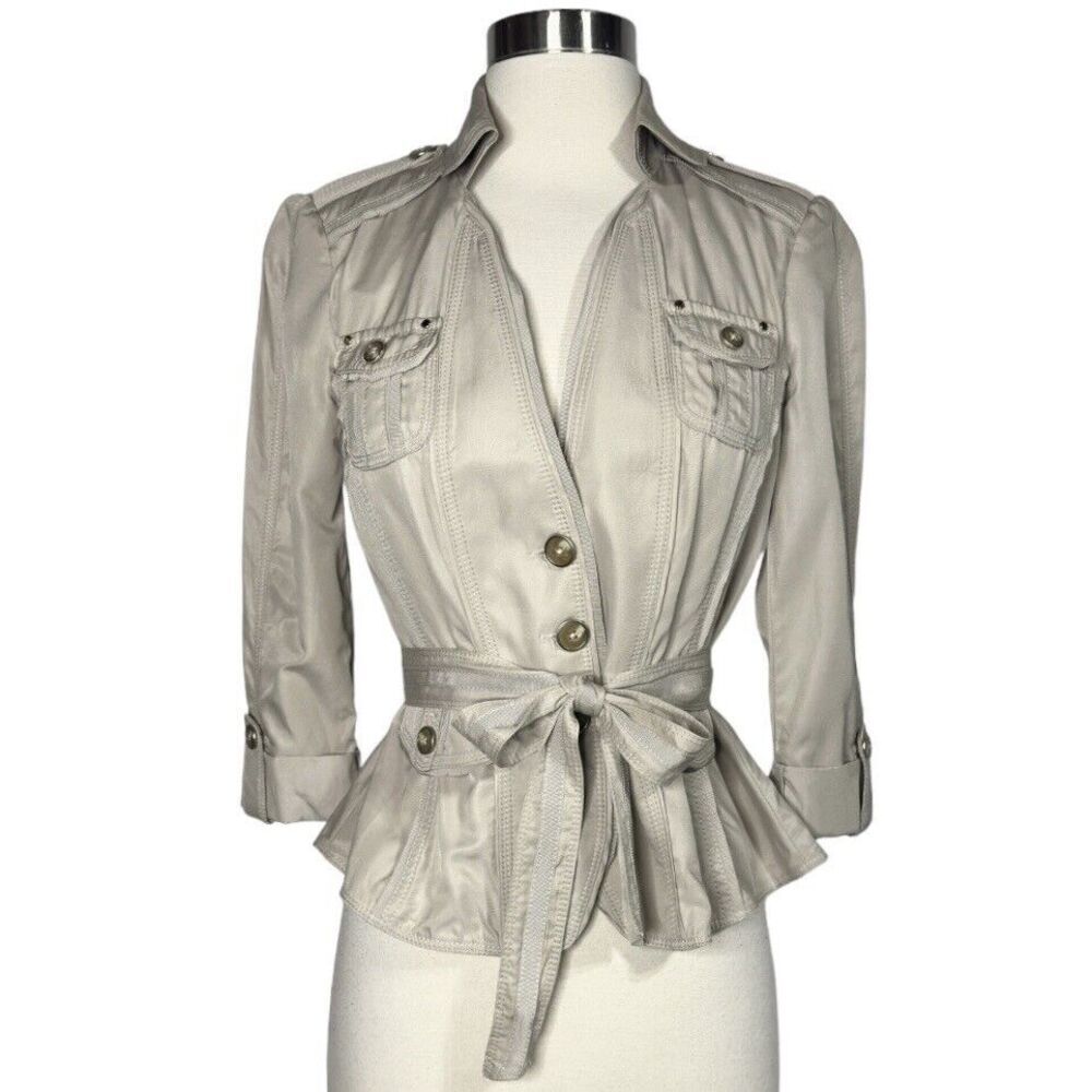 WHBM White House Black Market Safari Jacket Top Belted Button Front 3/4 Sleeve 0